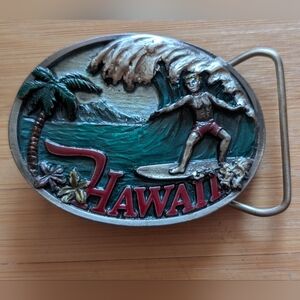 Vintage Hawaii Surf Oval Pewter Belt Buckle - 1986 Jopa Distributing